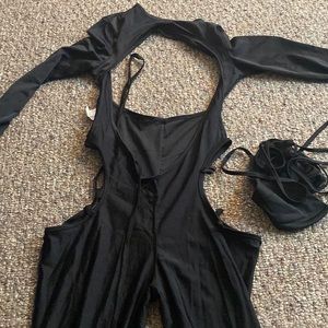 Sexy club wear long sleeve jumpsuit with bikini top, and ties up on both sides